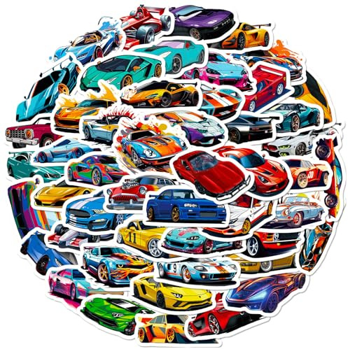 Racing Car Stickers Pack, 50Pcs Cool Sports Car Vinyl Stickers for Laptops Water Bottles Skateboards and Luggage, Cartoon Style Decals for Teens DIY Decoration on Smooth Surfaces