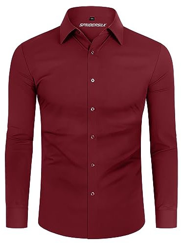 DEMEANOR 4-Way Stretch Mens Shirts Long Sleeve Muscle Fit Formal Dress Shirts for Men Non Iron Casual Shirts Business Wedding Work Wine Red
