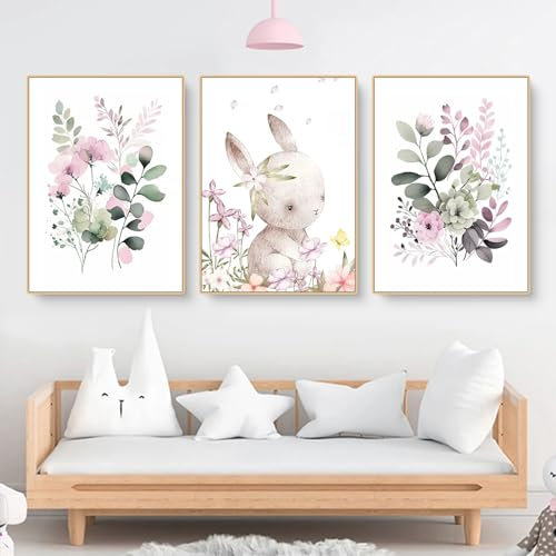Bilder Kinderzimmer 3er Set, Kaninchen und Blatt Blume Bilder, Wandbilder Deko Hase Bilder Kinderzimmer Mädchen und Jungen Babyzimmer Deko, Ohne Rahmen (40x50cm)