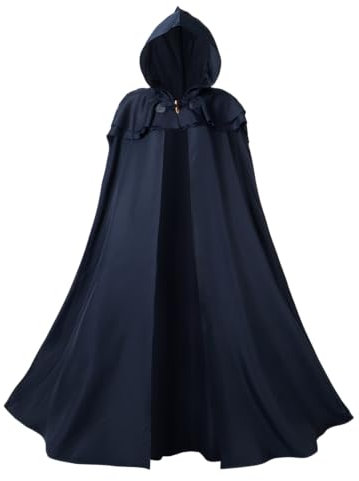 Regenboog Renaissance-Umhang mit Kapuze für Damen und Herren, Mittelalter-Umhang, Wikingerumhang mit Wikingerschwert-Halskette, Blau, 51inch/130cm