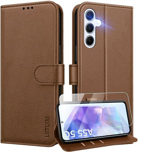 UITUIM Handyhülle für Samsung Galaxy A55 5G Klapphülle Leder Hülle mit Glas Schutzfolie Flip Case Cover Klappbar Tasche Kartenfach Etui Schutzhülle Handytasche für Samsung Galaxy A55 5G,Braun