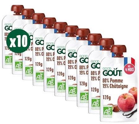 GOOD GOÛT - Gourdes Pomme Châtaigne - Purée Bébé - Dès 4 Mois - 80% Pomme, 19% Châtaigne - Sans Sucres Ajoutés* - Fabriqué En France - 10x120g