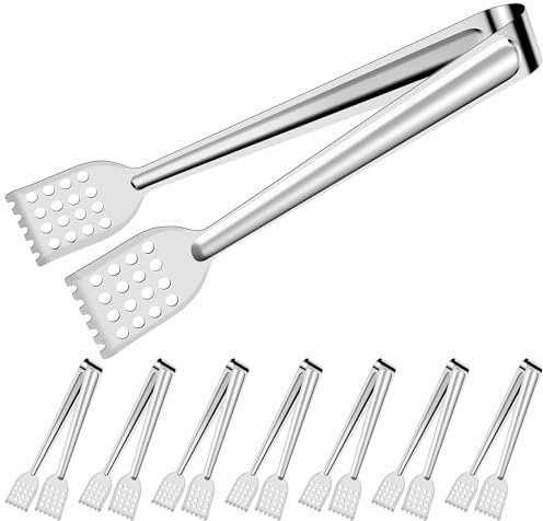 8 Pack Serving Tongs Buffet, 7 Inch Salad Tongs Server Kitchen Tongs, Stainless Steel Small Mini Cooking BBQ Tongs Bread Cake Tong for Wedding Birthday Party Candy Bar Utensils