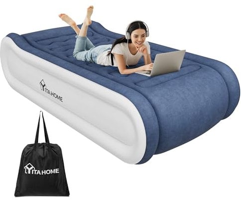 YITAHOME 2x1m Deluxe Luftmatratze Selbstaufblasend, Luftbett mit Integriertem Kissen & Eingebauter Elektrischer Pumpe, Aufblasbare Matratze mit Transporttasche für Gäste, Heimgebrauch, Blau & Weiß