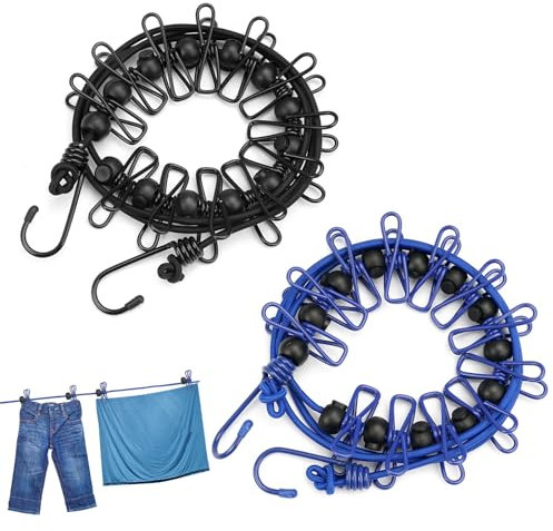 2 Piezas Elástico Portátil de Viaje Tendedero,Elástico Ajustabl Tendedero Camping con 12 Pinzas de Ropa y 13 Hebillas de Posicionamiento,Ajustable Cuerda de Ropa para Camping,Senderismo,Playa Viajes