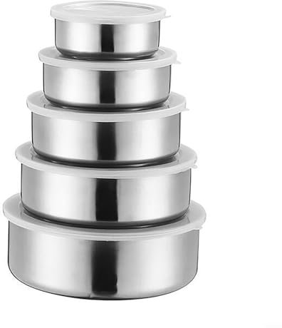Drhomeam Stainless Steel Containers With Lids Set of 5 Kitchen Food Storage Containers Reusable Round Metal Food Containers Bowls for Lunch Box Snacks