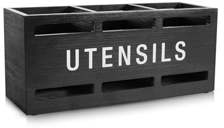 Budesoko Wooden Utensil Holder with Drain Holes, Black Cutlery Rack for Spoon, Fork, Knife, Rustic Flatware Organizer Storage Containers, Kitchen, Tableware, Camp,10''x3.4''x4.5''