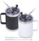 Volhoply 12oz Isolierte Auslaufsichere Kaffeetasse mit Schiebe & Strohhalmdeckel Bulk 2 Pack,Doppelwandiger 350ml Edelstahl ReiseBecher mit Griff,Wiederverwendbare Camping Becher（Assortiert,2