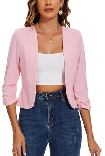 LADI TREND Blazer corto da donna, senza colletto, giacche aperte sul davanti, maniche a 3/4, cardigan in mezzo lino