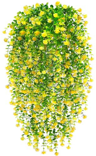 Yueshop 4PCS Artificial Hanging Flowers, UV-Resistant Artificial Hanging Plants Flowers Bouquet Outdoor Indoor Fake Hanging Plant Artificial Flowers for Home Garden Wedding Decor (Yellow)