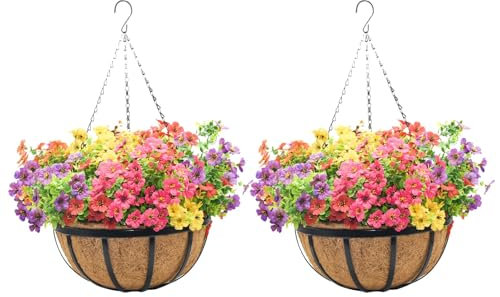 ZVOWOS Fioriera da appendere in ferro piatto da 30,5 cm, con rivestimento in fibra di cocco (confezione da 2) fioriere da appendere per piante da esterno, vasi da fiori per terrazza, patio, portico,