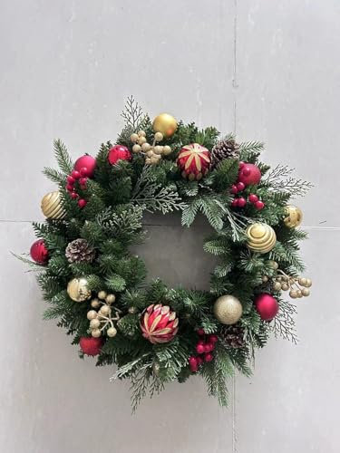Christmas Wreath Pre-lit 24 inch with 50 Light & Red Gold Ball Pine Cone, Artificial Christmas Wreaths for Front Door with Lights, Wreath for Christmas Decoration Door Windows Wall Green