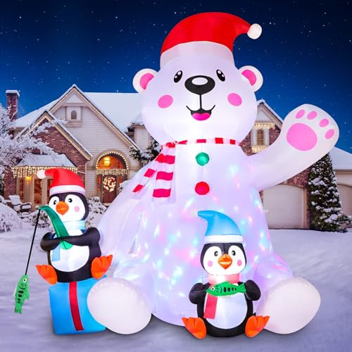 Aimosen 7FT/2.1 M Aufblasbare Weihnachtsdekoration, Aufblasbarer LED-Lichter Sitzender Eisbär – Zwei Pinguine, Party Dekoration Innen/Außenhof-Weihnachtsdekoration (210 cm Eisbär)
