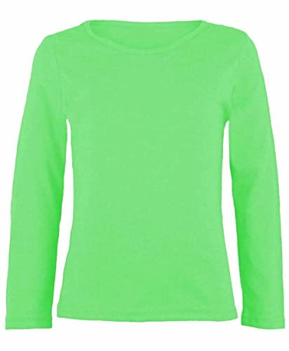 Pure Fashion UK® Kids Boys Girls Plain Basic Long Sleeve T-Shirt, Ladies Plain Round Neck Stretch Uniform PE School Tee Top Shirts (Neon Green, 5-6 Years)