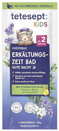 tetesept Kids Badesalz Erkältungszeit Gute Nacht 40 g – Erkältungsbad mit 3 ätherischen Ölen und Meersalz – Für besseres Ein- und Durchschlafen für Kinder ab 2 Jahren