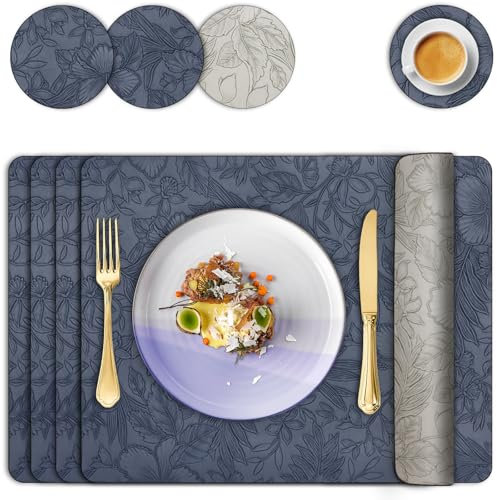 Placemats and Coaster Sets 4, Faux Leather Table Mats Heat-Resistant Waterproof Non Slip, Wipeable Washable Dual-Sided Floral Place Mat 43x30 cm, Easy to Clean for Kitchen Dinning Restaurant,Blue Grey