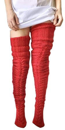 Fiacafyo Womens Girls Warm High Thigh Socks Winter Knitted Over Knee High Leg Warmers Fashion Cable Knit Boot Socks for Women (A-Red, ONE SIZE)