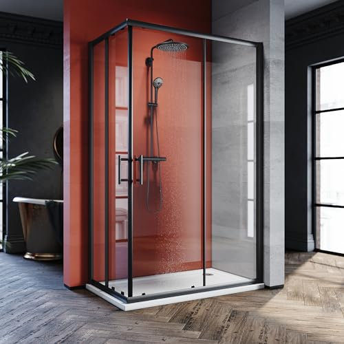 SONNI Duschtür ohne duschtasse, 70x100cm Schwarz Eckeinstieg Duschkabine Sicherheitsglas Schiebetür Eckdusche Duschabtrennung