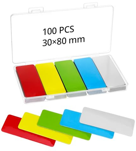 QWORK® Set de 100 Etiquetas Magnéticas 80x30mm, Imanes Reutilizables en 5 Colores para Pizarras Blancas, Refrigeradores y más
