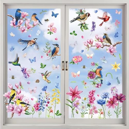 Fensterbilder Frühling, VOGEL-TREFFEN Fenster Aufkleber Fenstersticker Selbstklebend Baum, Ast Zweige Pflanzen Blätter Wohn Schlafzimmer Wiederverwendbar