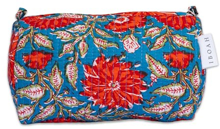 IBOAH Trousse de Toilette Coton Matelassé (Bleu Fleurs Oranges, M)