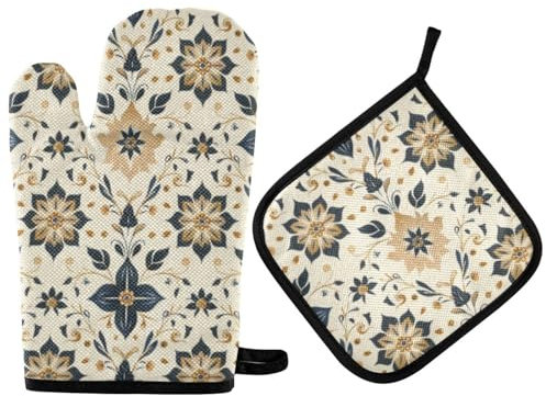 Vintage Retro Plaids Oven Mitts and Pot Holders Set Heat Resistant Pot Holder Gloves Kitchen Aid 2PCS Oven Pad for Oven Kitchen Cooking