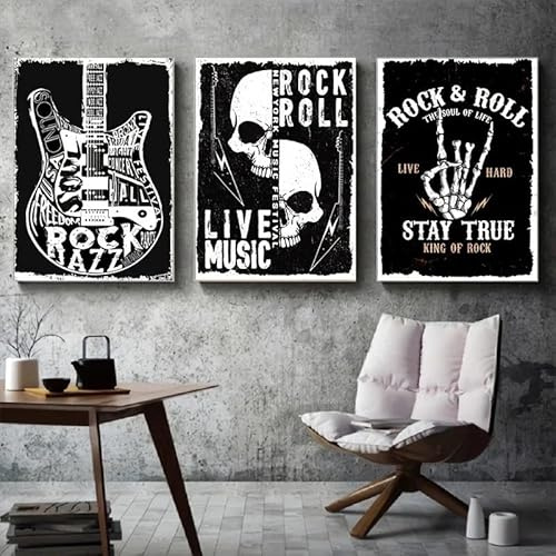 Baibexing 3-Teiliges Schwarz-Weiß-Musik-Rock-Wandbild Im Industriestil, Leinwandbild, Posterdrucke Für Bar, Wohnzimmer, Schlafzimmer, Hotel 40X60Cmx3Pcs Kein Rahmen