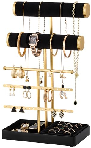 Lolalet Porte Bijoux, Présentoir Bijoux avec Plateau Bague, Range Bracelet Boucles Oreille Collier Elastique Cheveux -Noir