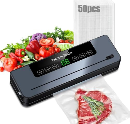 Lwuey Vacuum Sealer Machine for Food, Vac Pack with Cutter 50pcs Bags Sealing Storage Sous Vide Cooking Tool Dry and Wet One Touch Keep Fresh Vegatable Meat Fruit Grains Compact Kitchen Essential
