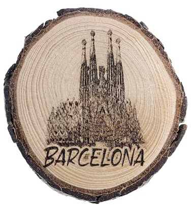 Imán de calamaita, regalo, recuerdo decorativo sobre porción de tronco de madera 6,5 x 7,5 cm, Barcelona, Barcelona, España, Cataluña, Sagrada Familia, Sagrada Familia (Cedro)