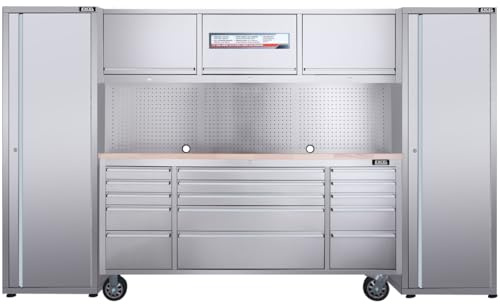 Excel 72-Inch Stainless Steel Workbench Roller Tool Chest Cabinet with 15 Drawers, 3 Overhead Cabinets & 2 Tall Storage Cabinets, Heavy Duty Garage Tool Organizer System