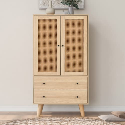Merax Sideboard – Kommode mit 2 Holztüren und 2 Schubladen, Mehrzweckschrank für Wohnzimmer, Küche oder Flur, Aufbewahrungsschrank aus E1 Spanplatte, 60 x 120 x 40 cm, in Eiche