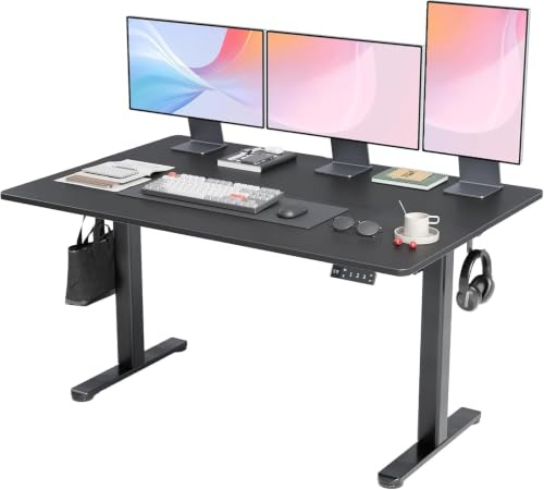 Claiks Höhenverstellbarer Schreibtisch 140x70cm Schwarz | 60x60mm Stahlbeine, 70kg Tragkraft, 3-fach Memory mit Display, leiser Motor ≤40dB, 72-118cm verstellbar