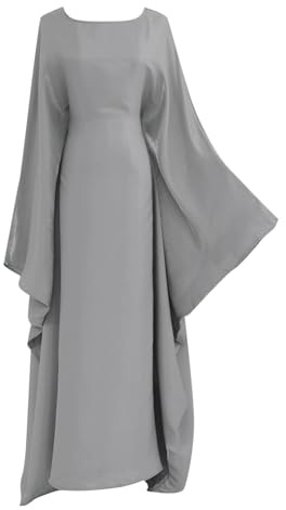 Abaya Muslimisches Kleid für Damen, Satin, Gebetskleid mit Fledermausärmeln im Nahen Osten, arabische Tunika mit Hijab, Hellgrau, Large