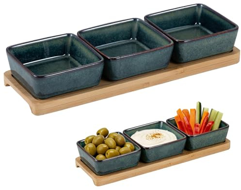 YuLiMirich 3 * Dipschalen Set mit Brett Holz, 9x9x3,5cm Dip Schälchen für Snacks, Keramik Snackschalen, Dessert Kleine Servierschalen Set als Saucenschälchen, Dessertschalen (Grün)
