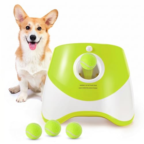 Lanzador de Pelotas para Perros, Máquina Lanza Pelotas Perro Automático Juguete Interactivo Perro con 3 Pelotas de Tenis, Ajustables Anchos de Lanzamiento, Pelota Tenis para Perros Pequeños y Grandes