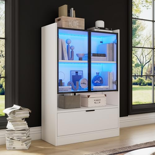 Merax Vitrinenschrank mit LED-Lichtern, Modern Glasvitrine Stehend mit 2 Glastüren, 1 Falttür, Offenes Regal, Bücherschrank Sammlervitrine Standvitrine für Wohnzimmer Esszimmer Büro, Weiß Matt, 120cm