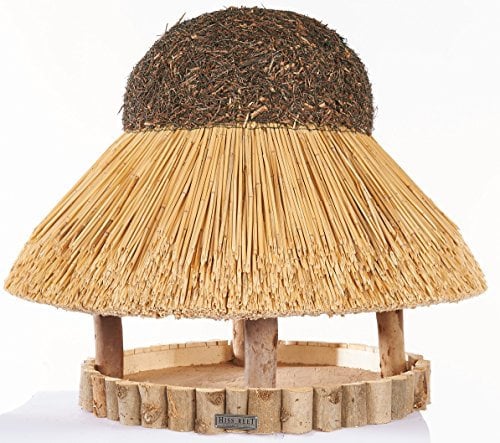Hiss Reet® Vogelfutterhaus, Vogelhaus - mit Reetdach I Futterhaus für Vögel aus Eukalyptus Holz I Sylt I ideal für Balkon und Garten I wetterfest (XL - ca. 74 cm Traufe)