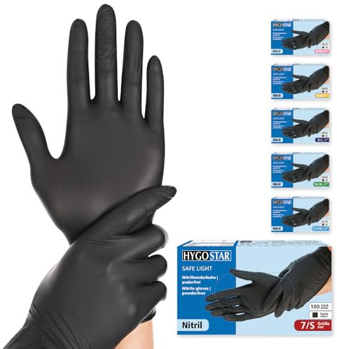 FRANZ MENSCH Hygostar Nitrilhandschuhe Safe Light | puderfrei, schwarz, 7/S, 24cm, 100 Stück, Einweghandschuhe, Einmalhandschuhe, in Gr. XS, S, M, L, XL & XXL verfügbar