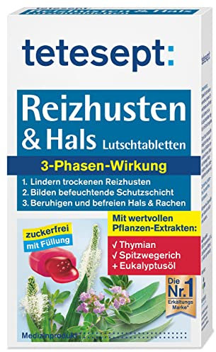 tetesept Reizhusten & Hals Lutschtabletten - zuckerfrei mit Füllung – Lutschpastillen bei Erkältungsbeschwerden wie Reizhusten & Heiserkeit – 5 x 20 Stück