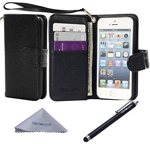 wisdompro Case for iPhone 5s, PU Leather 2-in-1 Protective Folio Flip Wallet Case with Multiple Credit Card Holder/Slots and Wrist Lanyard for iPhone 5,iPhone 5s,iPhone SE (Black With Lanyard)
