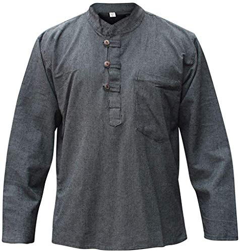 Shopoholic Fashion Camicie da Uomo Hippy con Colletto a Fascetta in Tessuto di Canapa Tinta Unita