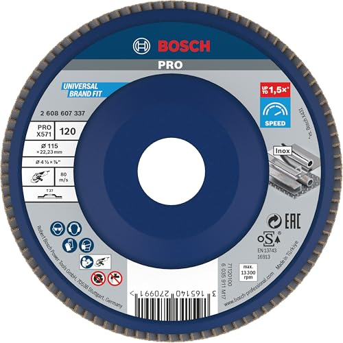 Bosch PRO X571 Fächerschleifscheibe, gerade, 115 mm, K40 | für Stahl, Edelstahl, Körnung 120, Professional Zubehör Kleiner Winkelschleifer