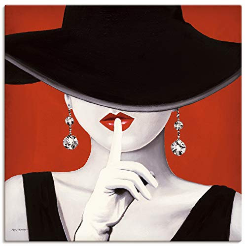 ARTland Wanddeko Leinwand Bilder Wandbild 40x40 cm Frau Hut Stil Lippenstift Beauty Mode Moderne Kunst Schwarz Weiß Rot K8BI