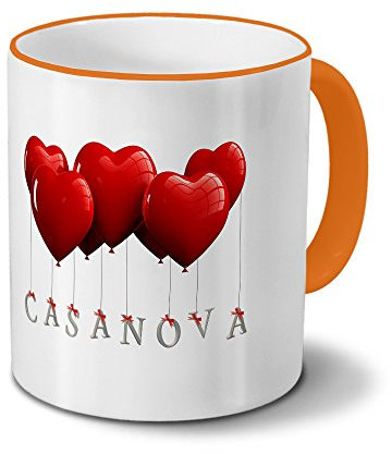 printplanet Tasse mit Namen Casanova - Motiv Herzballons - Namenstasse, Kaffeebecher, Mug, Becher, Kaffeetasse - Farbe Orange