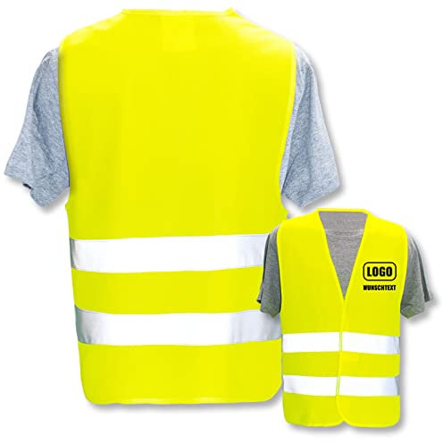 PixiPrints.com Hochwertige Warnweste mit Leuchtstreifen * Farbe: Gelb (XL/XXL) * Druck: Rücken + linke Brust * bedruckt mit Name Text Bild Logo Firma * personalisiertes Design selbst gestalten
