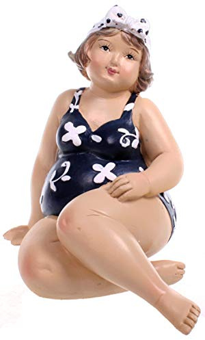 Schick-Design Badenixe im blauen Badeanzug sitzend 13 cm Mädchen Rubensfrau mollige Dame Dicke Frau Badezimmer Figur Strand Meer Urlaub
