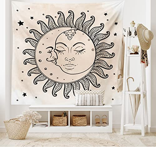 ABAKUHAUS Sketchy Wandteppich, Sonne und Mond Himmlische Komposition Tageszyklus Inspiration, aus Weiches Mikrofaser Stoff Wand Dekoration Für Schlafzimmer, 230 x 140 cm, Holzkohle Grau Tan
