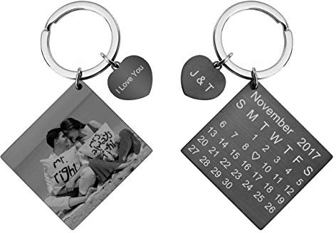 PiercingJ Personalized Custom Photo Picture Calendar Text Date Engraved Stainless Steel Heart Tag Pendant Keychain Key Ring Lovers Couples Valentine's Anniversary Birthday Gift