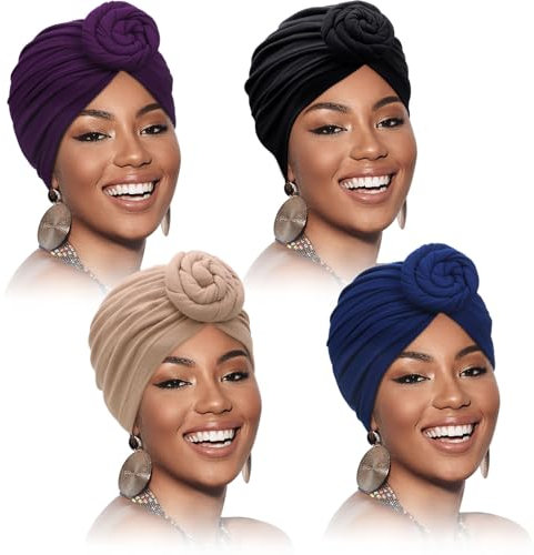 4 Stück Turban für Damen Afrikanisch Kopfbedeckung Vor-Gebunden Knoten Turban Hut Mütze Kappe, Solide Farbe